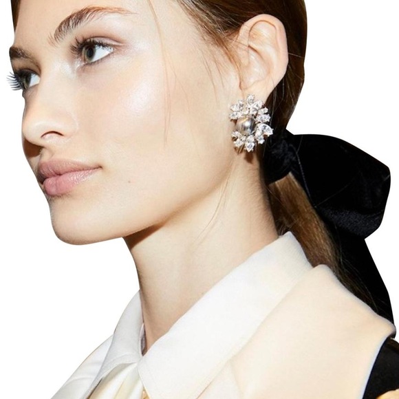 Tory Burch Pearl Silver Crystal SE Floral Earrings - Picture 2 of 8